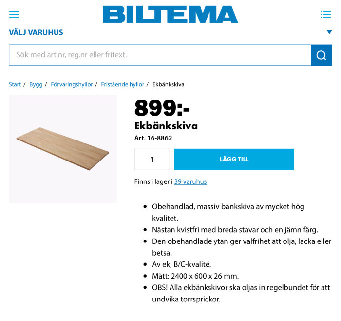 Obearbetad ekskiva på Biltemas webbplats, till salu, mått 2400 x 600 x 26 mm, använd för byggprojekt.