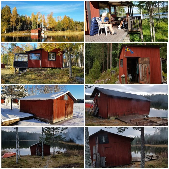 Collage av ett rött torp i Dalarna genom årstiderna, omgivet av skog och sjö, med renoveringsarbete på gång.