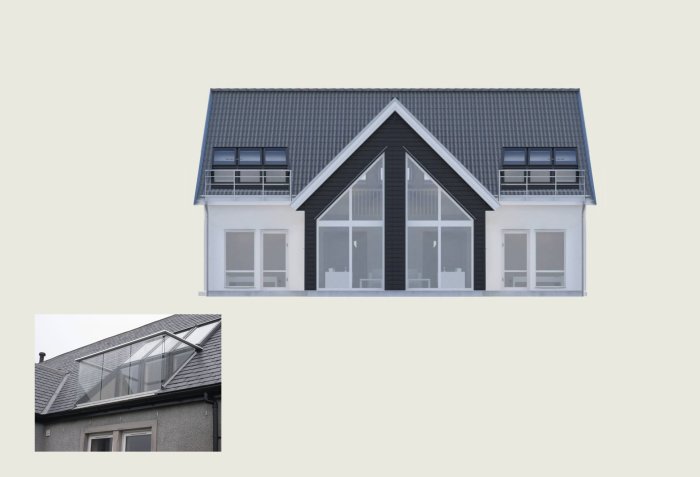 Modell av 1,5-plans hus med svart och vitt exteriör, stora fönster och en balkong, planerat för bygge på skogstomt.