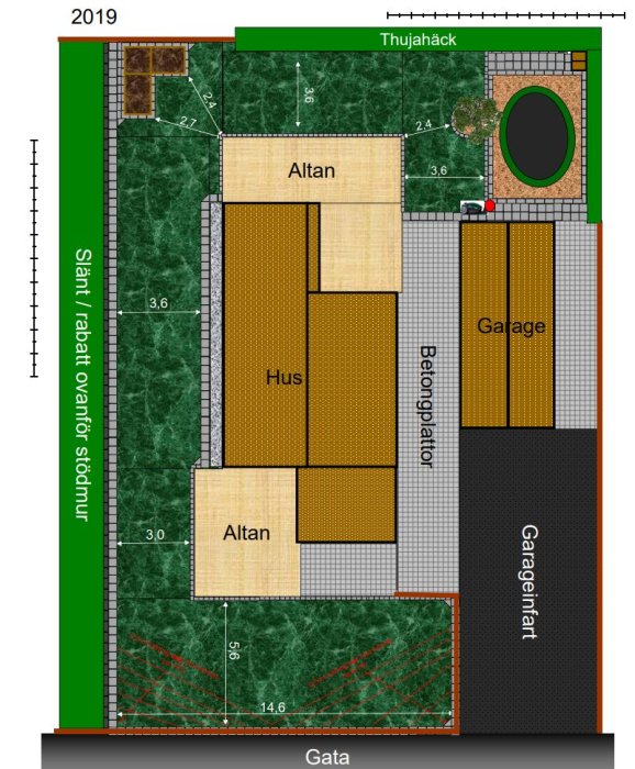 Översiktsbild av en trädgårdsplan med hus, altaner, garage och gräsytor, markerade med mått och planerad laddstation.