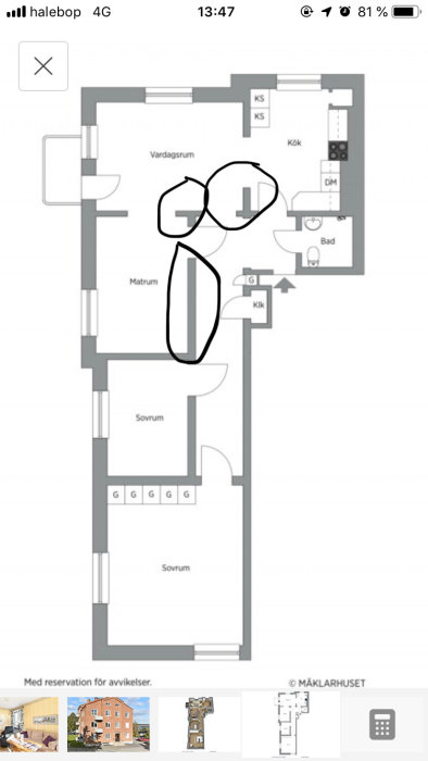 Ritning av en lägenhet med markerade väggar som är potentiellt bärande.