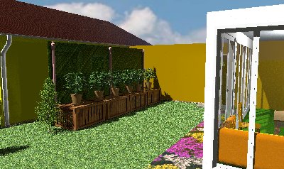 3D-skiss av en trädgård med fristående spaljé av armeringsjärn nära en gul vägg, sedd från ett köksfönster.