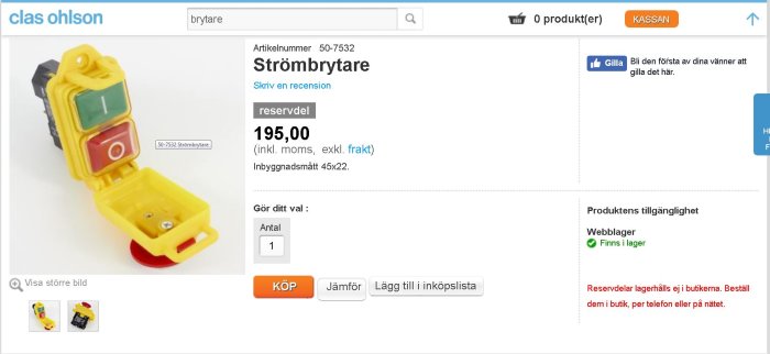 En gul och röd strömställare med skyddslock öppet, på Clas Ohlsons produktwebbsida.