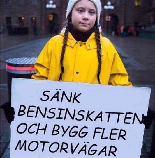 Flicka i gul jacka håller skylt med texten "Sänk bensinskatten och bygg fler motorvägar".