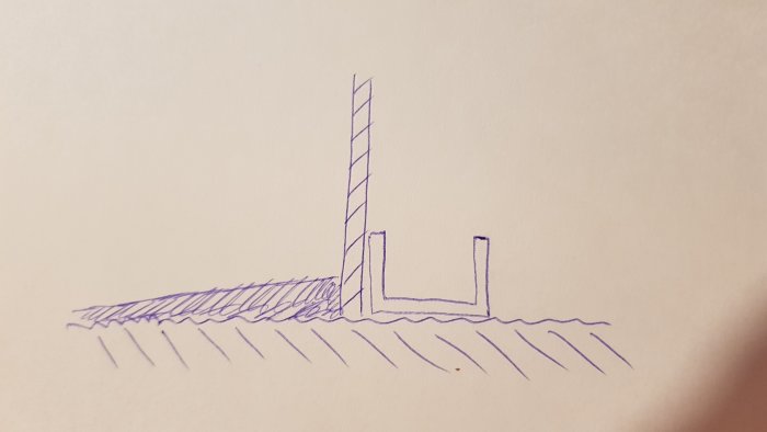 Handritad skiss som visar flytspackling mot en golvskena intill en vertikal profil.