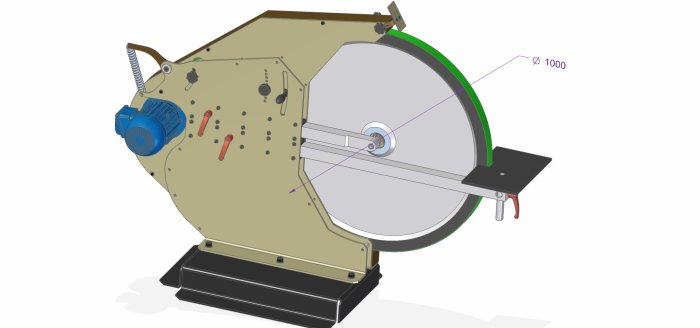 3D-modell av en stor slipmaskin med 1000 mm kontakthjul och arbetsbord.