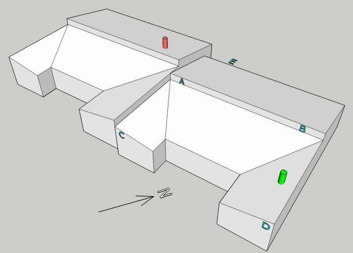 3D-modell av hus med markerade placeringar för ventilationssystem och grannens skorsten.