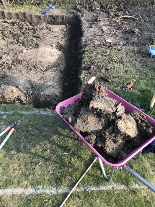 Nyinköpt rosa skottkärra fylld med jord vid uppgrävning i trädgård, markerad för olika djup.