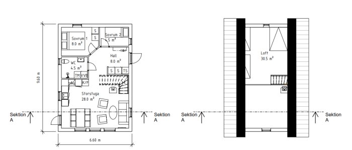 Arkitektritning av en planlösning och sektion för ett hus med angivna mått och utrymmesbeteckningar.