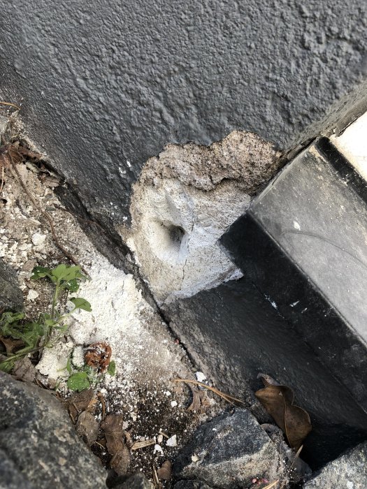Närputsad sockel med en synlig skada där poröst material avslöjats under ytan, omgivet av grus och växtlighet.