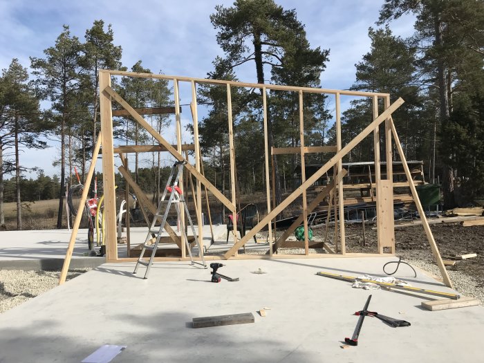 Byggarbetsplats med nygjuten betongplatta och pågående stomresning av träreglar.