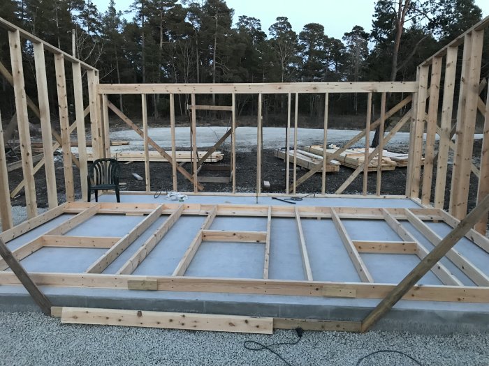 Nybyggd trästomme för hus på gjuten betongplatta vid skymning.