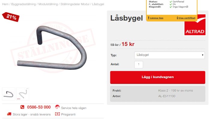 Metallisk låsbygel för ställning med information om pris, typ och knapp för att lägga till i kundvagnen från stallning.se.