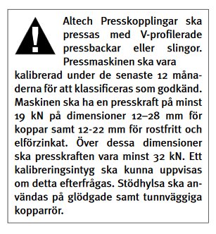 Skärmdump av textdokument med instruktioner för Altech Presskopplingar som beskriver kalibreringskrav för pressmaskiner.