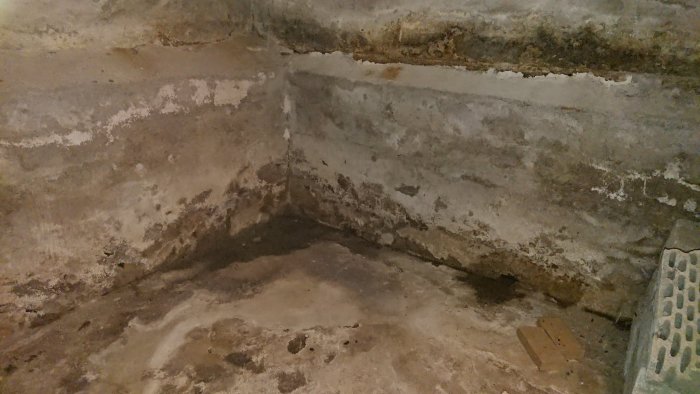 Källarhörn med grova betongväggar och en synlig grundplatta, potentiellt utsatt för fukt, utan synligt grundvatten.