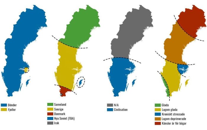 Illustration av Sverige indelat i humoristiska regioner med namn och känslotillstånd baserade på stereotyper.