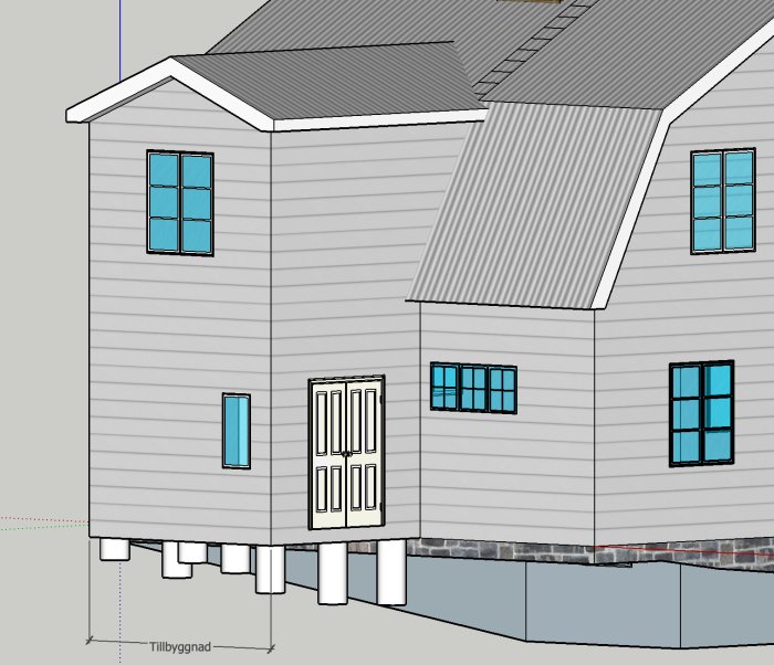 3D-modell av en tvåvåningshus med tillbyggnad och texten "Tillbyggnad" som pekar mot en mindre struktur.