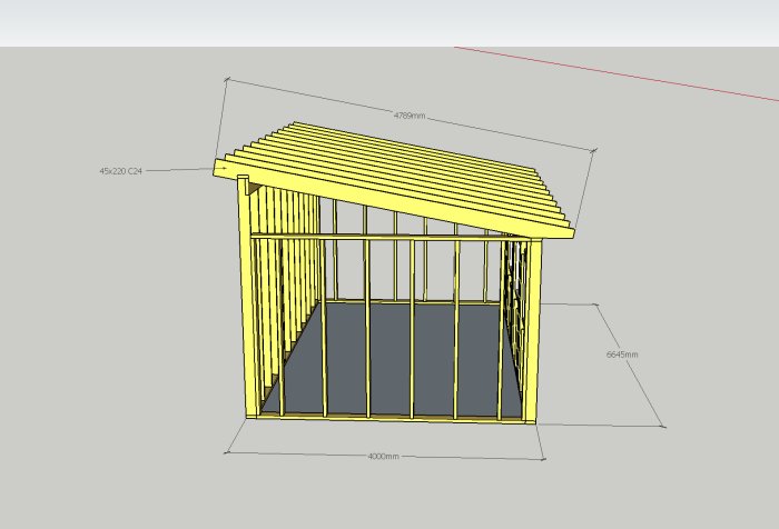 3D-modell av takstol konstruktion med måttangivelser för ett byggprojekt.