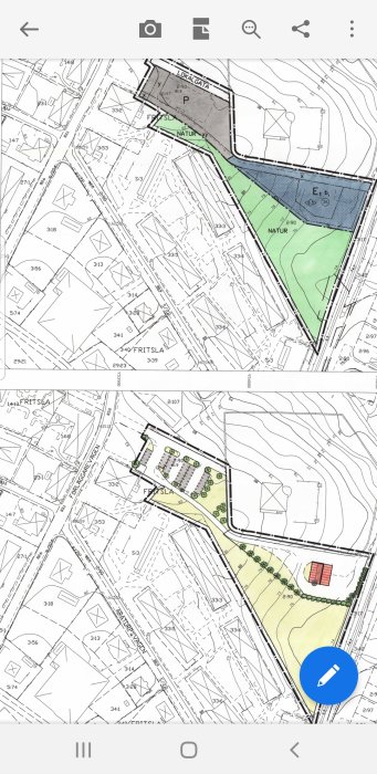 Kartutdrag som visar en detaljplan med markerade områden för byggnation, parkering och naturytor.