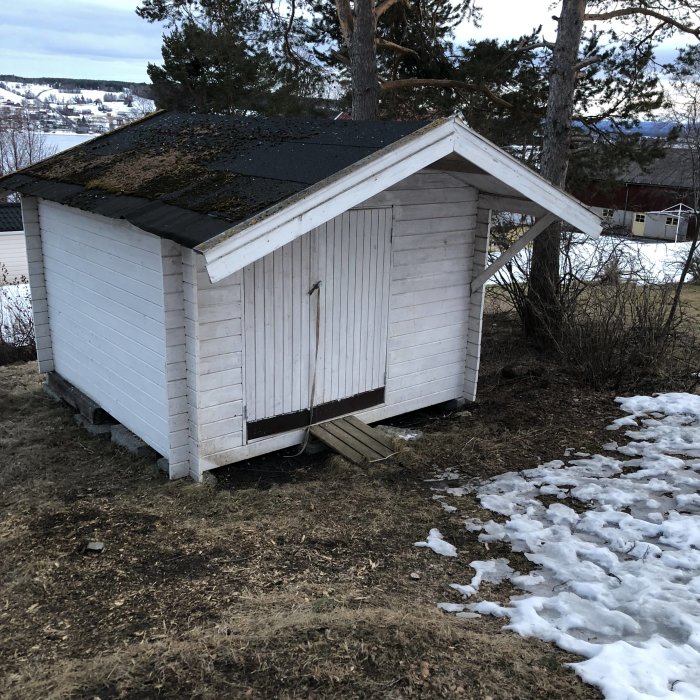 Vit friggebod med slitet tjärpappstak och snörester på marken.