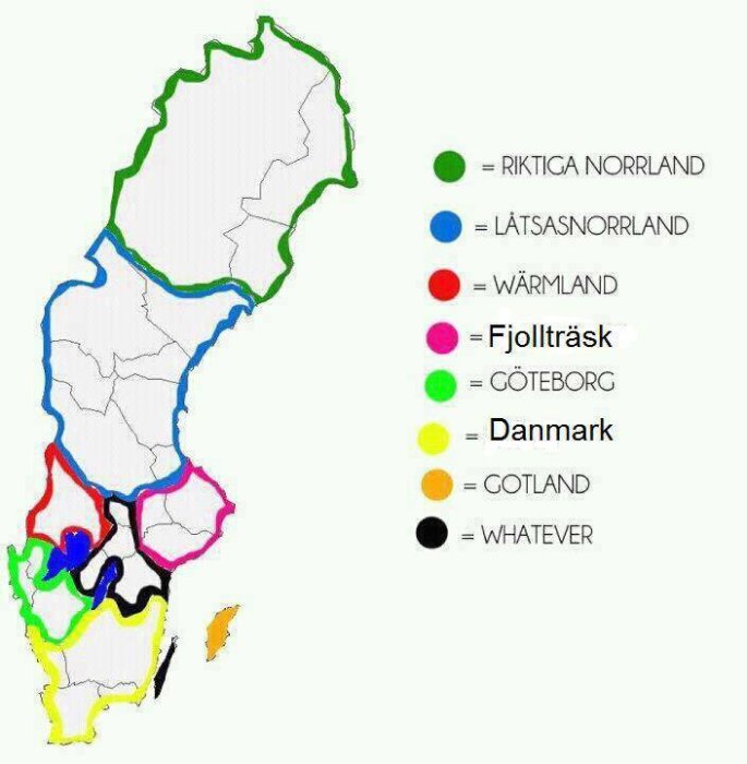 Kartbild över Sverige med färgkodade områden som representerar humoristiska namn som "Riktiga Norrland" och "Danmark".