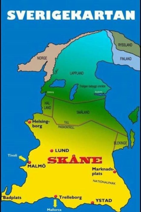 Illustration av en humoristisk och oproportionerlig karta över Sverige med fokus på Skåne.