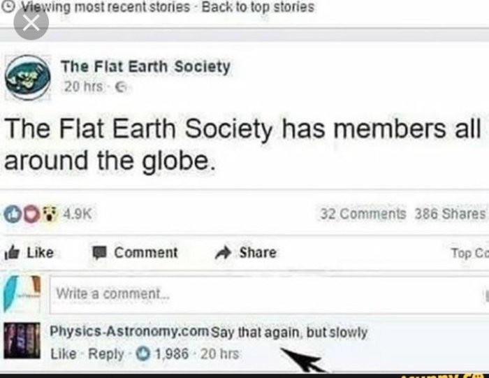 Skärmdump av en social media-post av The Flat Earth Society som säger att de har medlemmar runt hela jorden.