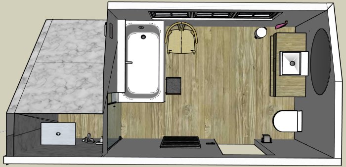 3D-skiss av ett badrumsförslag med badkar, duschhörna, tvättställ, handdukstork och toalett.