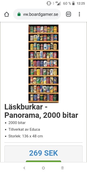 2000-bitars pussel med olika läskburkar, visat i en webbutik på en smartphone-skärm.