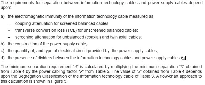 Textdokument som beskriver krav för separationsavstånd mellan IT- och kraftkablar baserat på elektromagnetisk immunitet och kablar.