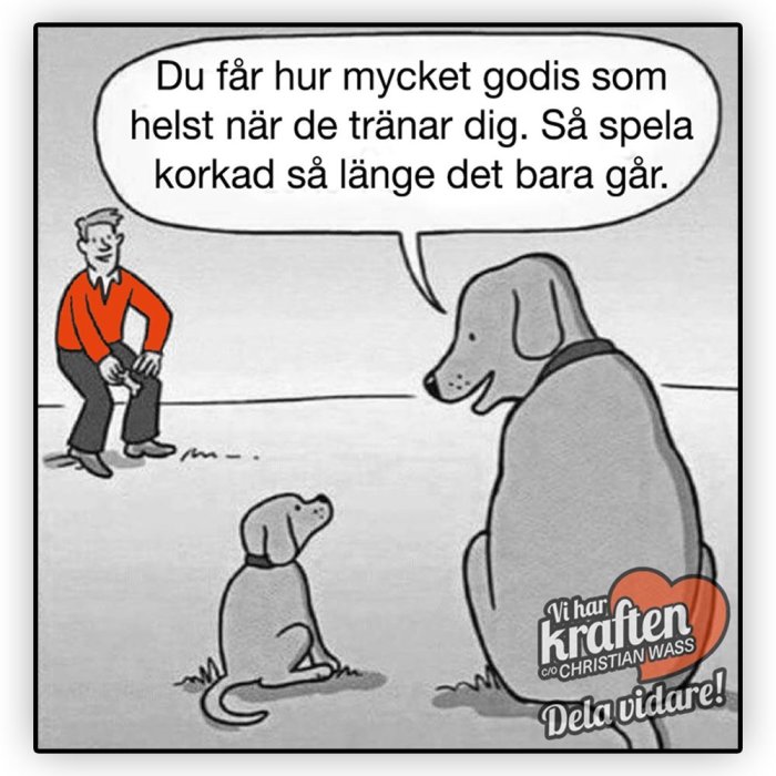 Svartvit teckning av en man som pratar till en liten hund, med en stor hund som tänker.