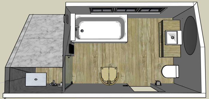 3D-planritning av badrum med badkar, kommod och toalett i en takkupad miljö.