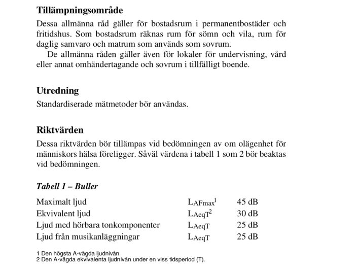 Utdrag från bullerreglerande dokument som visar riktvärden för högsta ljudnivåer i bostäder.