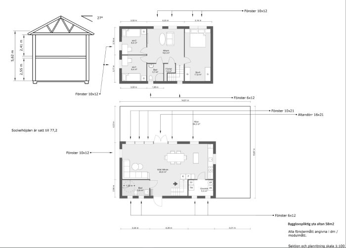 Arkitektonisk ritning av ett tvåvånings lösvirkeshus med markplan och sektion, inklusive mått och rumsfördelning.