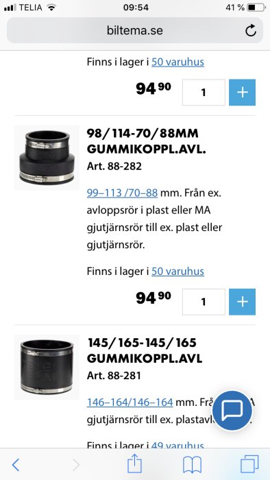 Skärmklipp av Biltemas produktsida med gummikopplingar för avlopp, visar priser och artikelnummer.