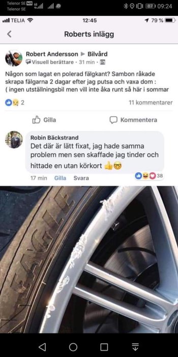 Bild på repad fälgkant nära däcket på ett bilhjul.