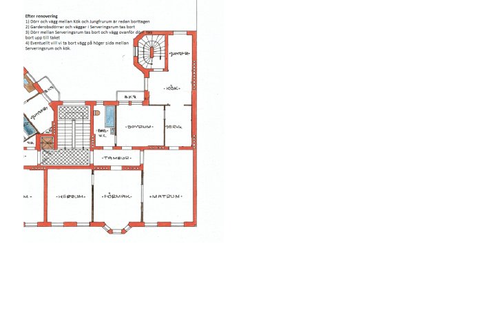 Planritning som visar en lägenhet efter renovering med borttagna väggar och omstrukturerade rum.