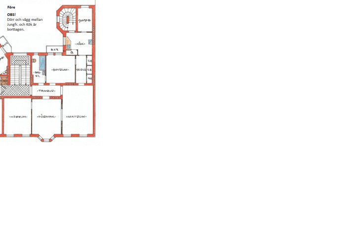 Planritning före renovering med markerade väggar som ska tas bort i en lägenhet från 1925.