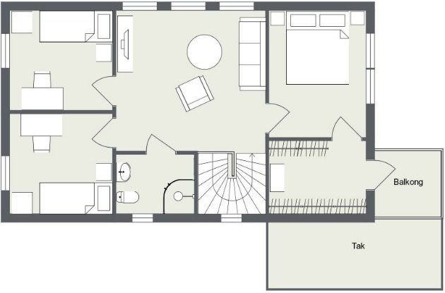 Arkitektonisk ritning av en våningsplanslayout med möjliga förändringar och utbyggnad diskuterade i texten.