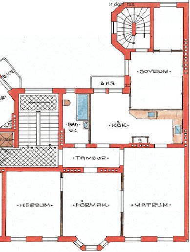 Ritning av en lägenhetsplan med markerade rum såsom kök, sovrum och vardagsrum, möjlig omplanering diskuteras.