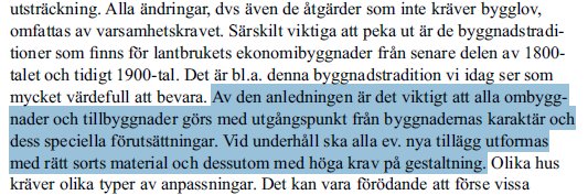 Utdrag ur ett dokument som beskriver kraven på om- och tillbyggnader med hänsyn till byggnadstraditioner och detaljplans information från 1945.