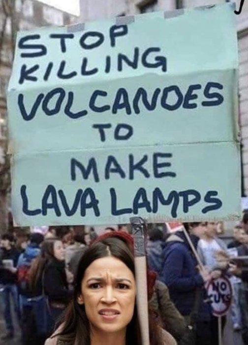 Kvinna håller upp ett skylt med texten "STOP KILLING VOLCANOES TO MAKE LAVA LAMPS" på en demonstration.