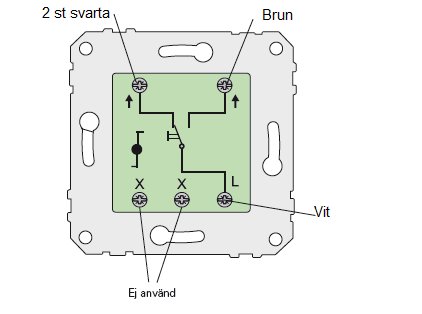 Skiss av en trappkopplad strömbrytare med märkta kablar i färgerna svart, vit och brun.