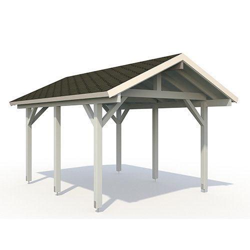 Digital rendering av en enkel träcarport med sadeltak.