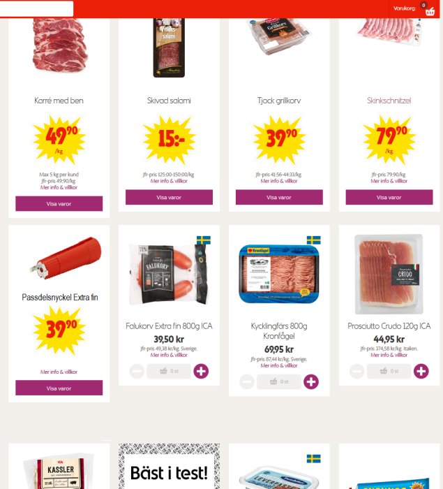 Reklamblad visande erbjudanden på köttprodukter och en passdelsnyckel med prisetiketter och "visa varor" knappar.