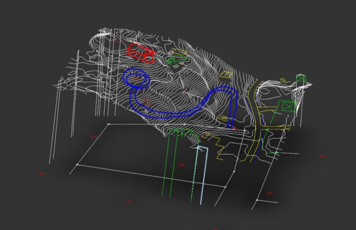 3D-modell av en terräng med rödmarkerat hus, blå körväg och konturlinjer för landskapet.