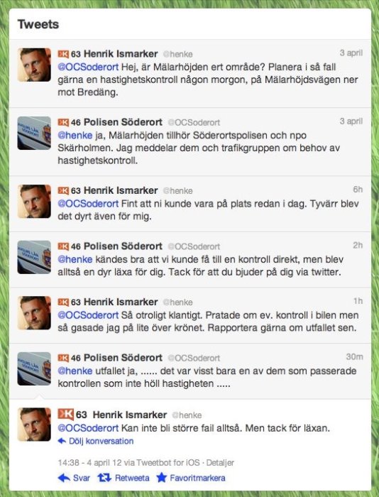 Skärmdump av en Twitter-konversation mellan användarna Henrik Ismarker och Polisen Söderort om hastighetskontroller.