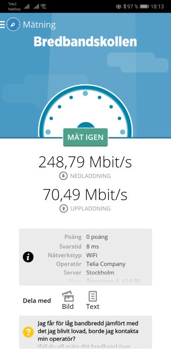 Skärmbild av internethastighetstest med 248,79 Mbit/s nedladdning och 70,49 Mbit/s uppladdning över WiFi.