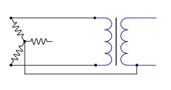 Schematisk bild av en transformator med primär och sekundär lindning samt anslutningar.