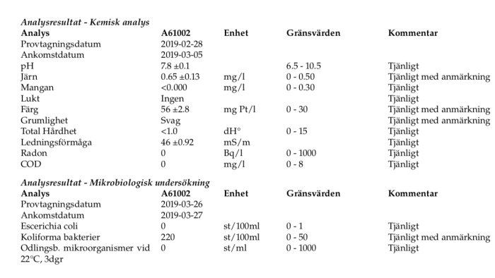Vattenanalysrapport med pH, järnhalt och bakterienivåer jämfört med gränsvärden och kommentarer om dricksvattenkvalitet.
